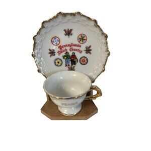 Vintage Pennsylvania Dutch Country Demitasse Cup & Saucer Set Japan Gold Trim Mi